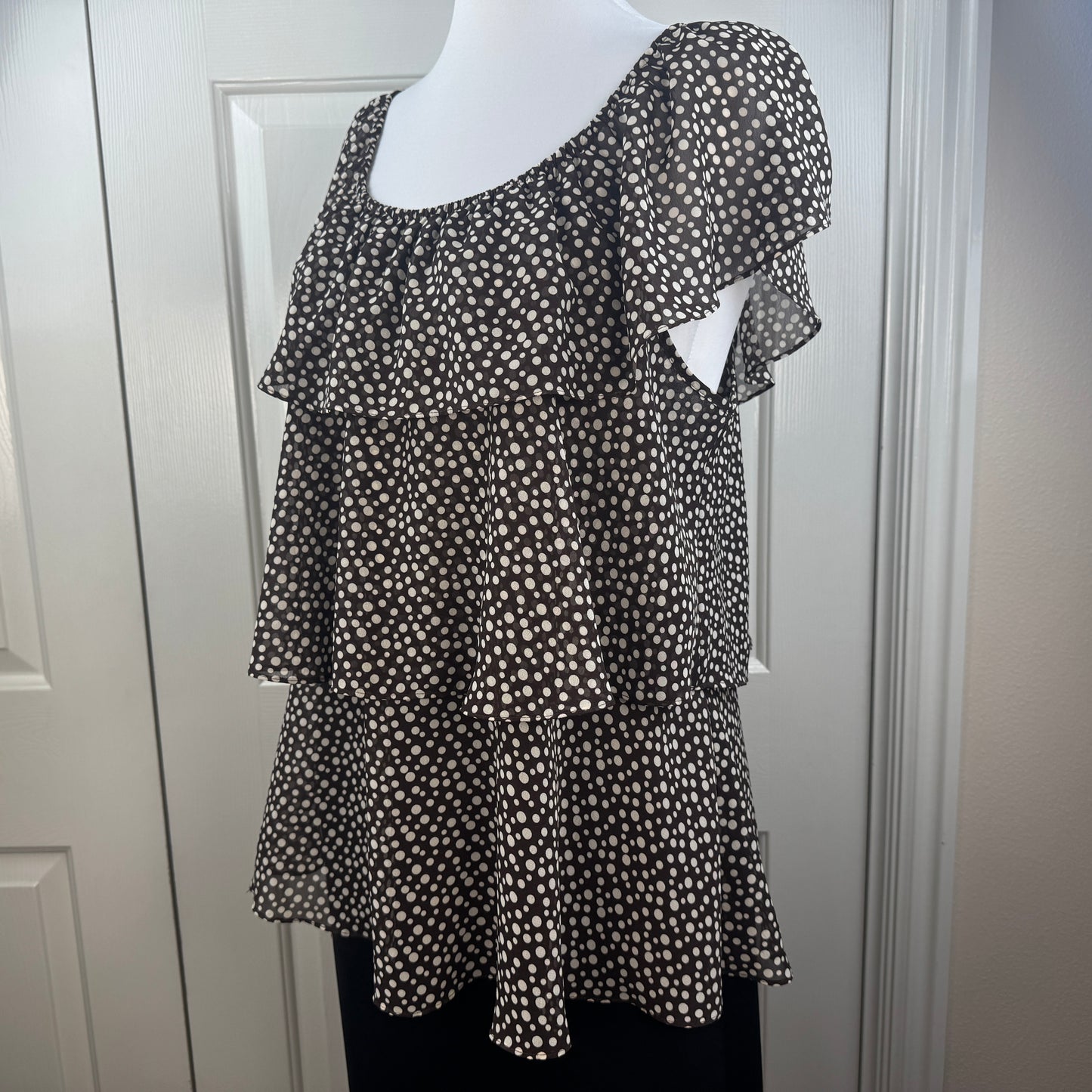Willi Smith Women's Tiered Ruffle Polka Dot Blouse Brown Cream Size XL