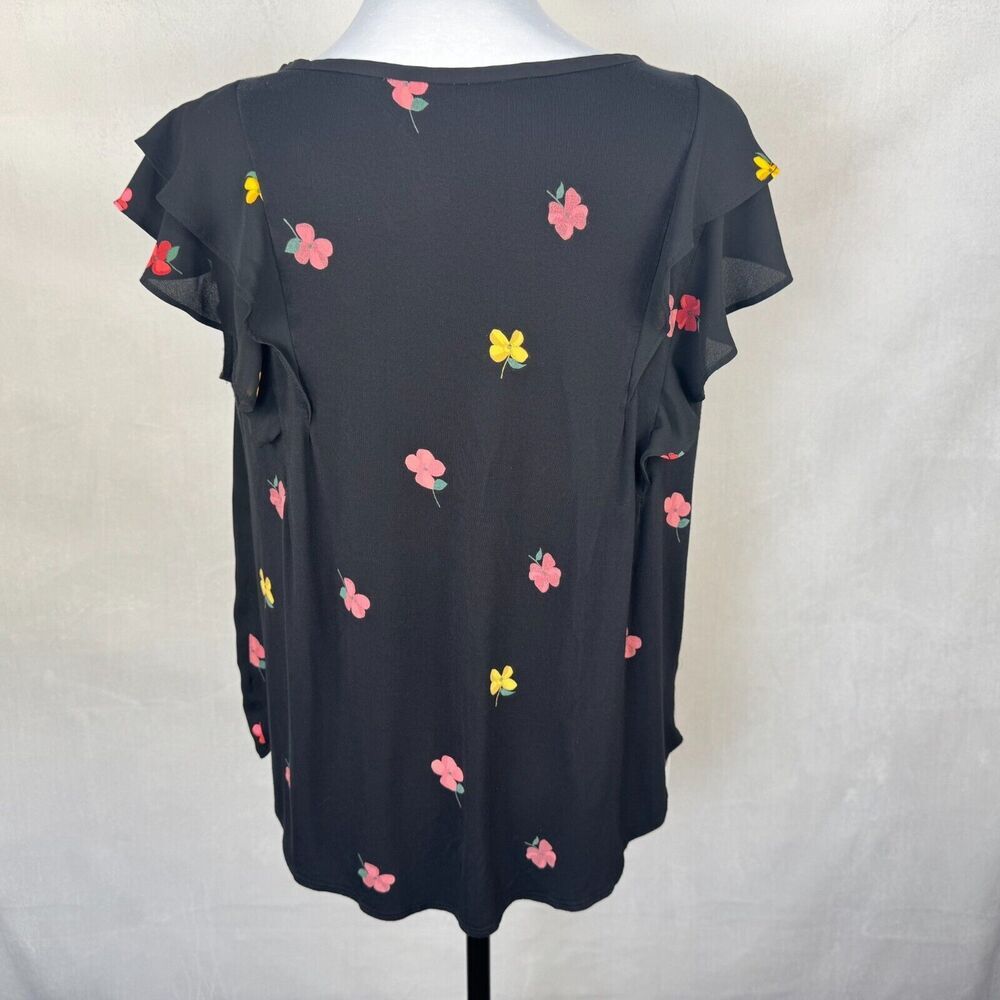 Loft Women Blouse Sz M Black Flower Print Boat Neck Ruffle Cap Sleeve