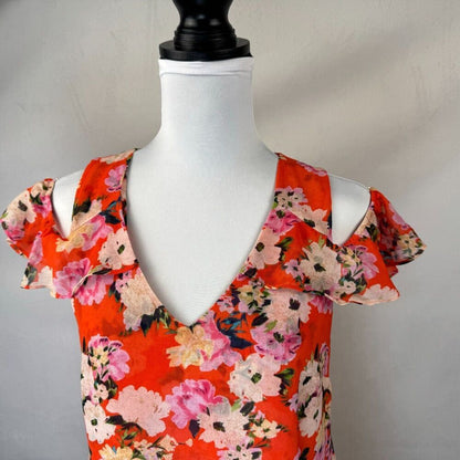 CAbi Blouse Sz XS Multicolor Red Floral V-Neck Cold Shoulder Sleeveless
