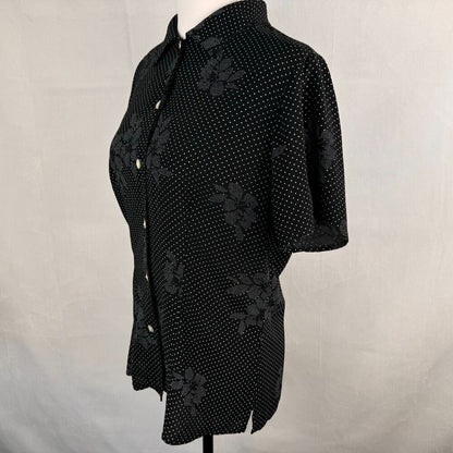 Liz Claiborne Sport Sz M Button-up Short Sleeve Blouse Floral & White Polka Dots