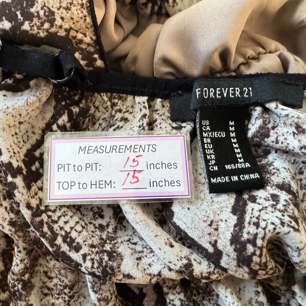 Forever 21 Crop Top Sz M Beige Snakeskin Print Black Trim Strap