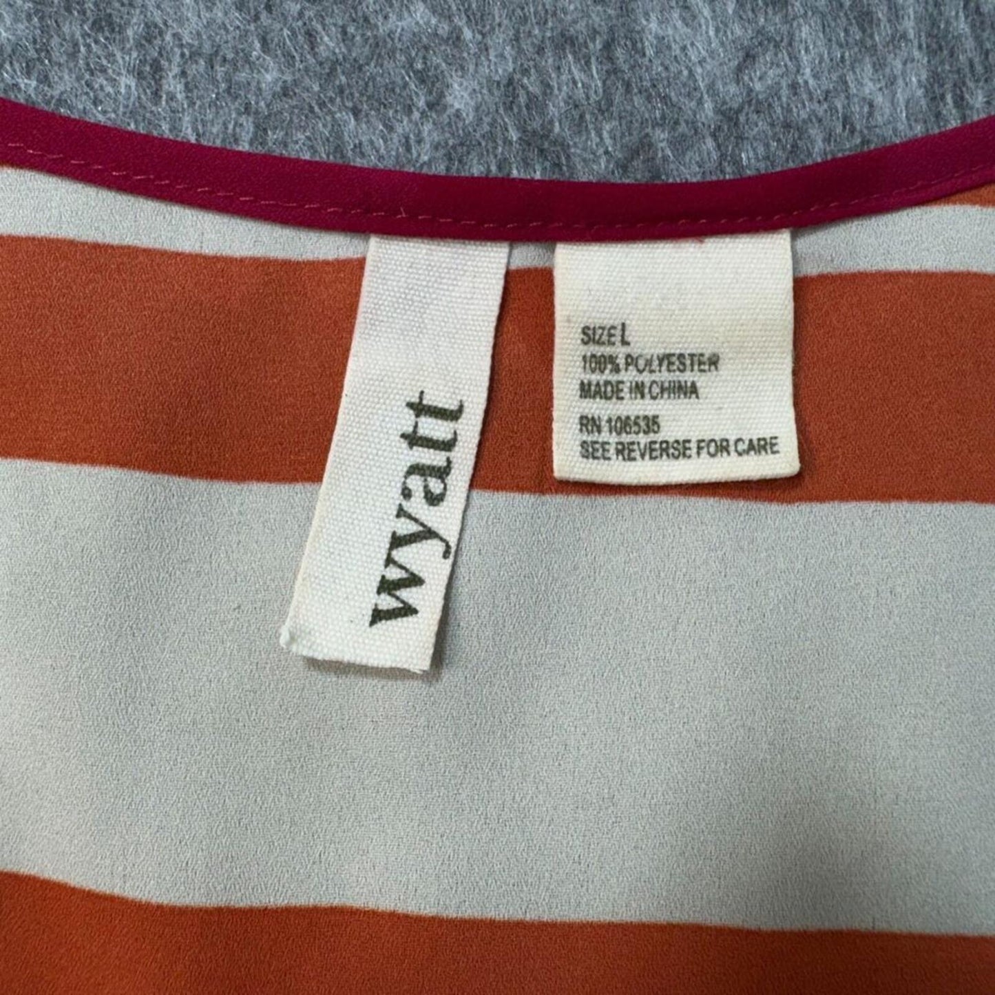 Wyatt Women Top Sz L Sheer Ivory Rust Striped Sleeveless Fucsia Trim Scoop Neck