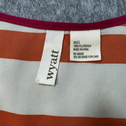 Wyatt Women Top Sz L Sheer Ivory Rust Striped Sleeveless Fucsia Trim Scoop Neck