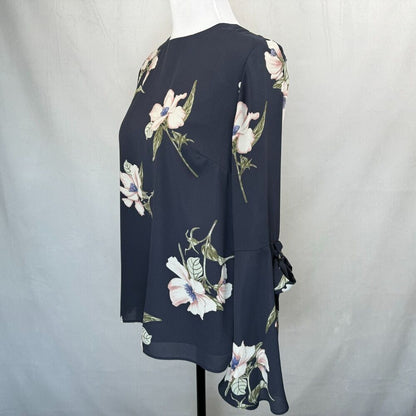 Sugar Lips Blouse Sz S  Charcoal Floral  Crew Neck Bell Long Sleeve Ties