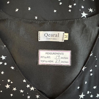 Qearal Blouse Women’s Sz M Lined Sheer Black Gray Stars VNeck Ballon Sleeve