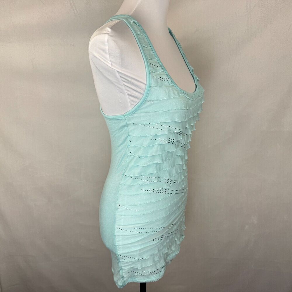Free Kisses Tank Top Sz L Teal Ruffle Sparkling Racerback