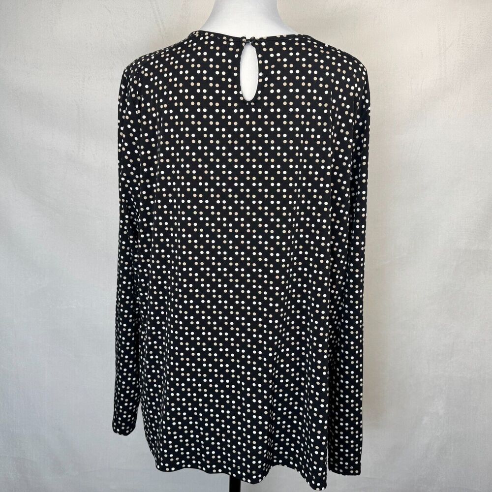 Liz Claiborne Top Sz 2X Black Beige White Polka Dot Long Sleeve Round Neckline