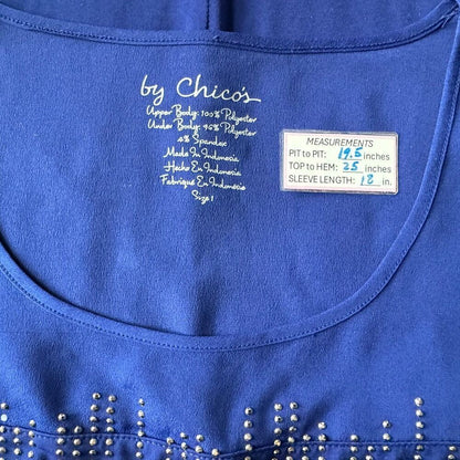 Chico's Top Sz 1 Blue Tunic Silver Embellished Round Neck 3/4 Sleeve Back Slit