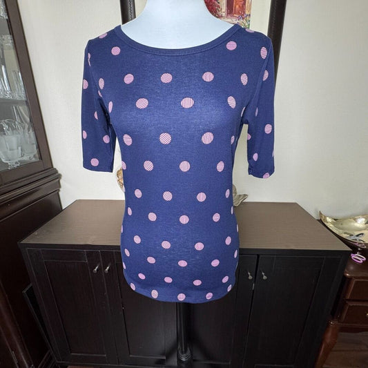 LuLaRoe Top Sz XS Knit Blue Pink Dots Boat Neck Fitted Elbow Sleeve