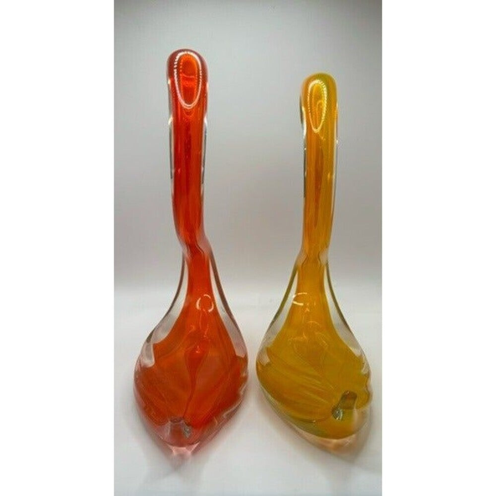 Vintage Art Glass Swan Figurines Pair Red Orange Yellow Hand Blown Style