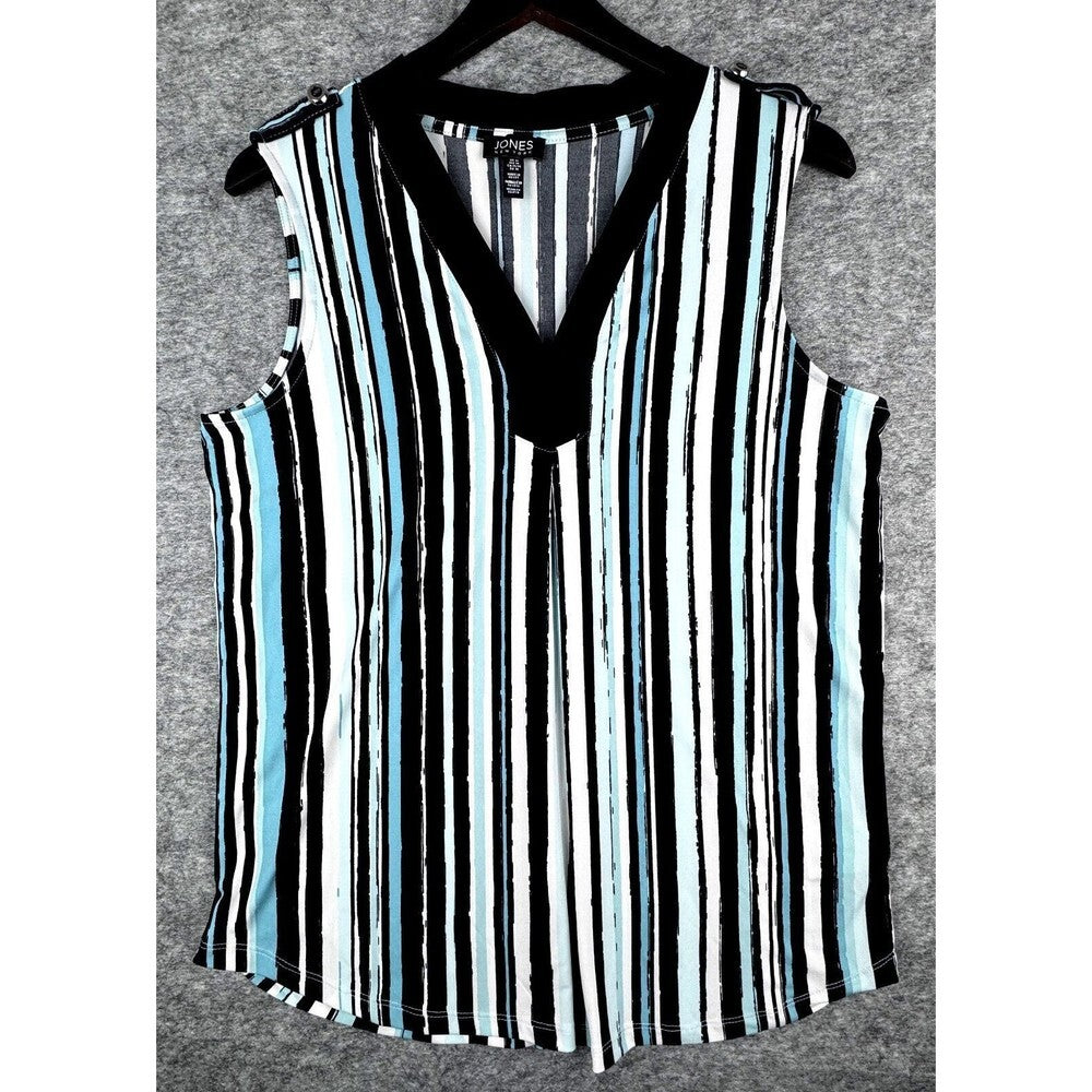 A sleeveless V-neck top with vertical black, white, and light blue stripes, hanging on a black hanger against a gray textured background.
