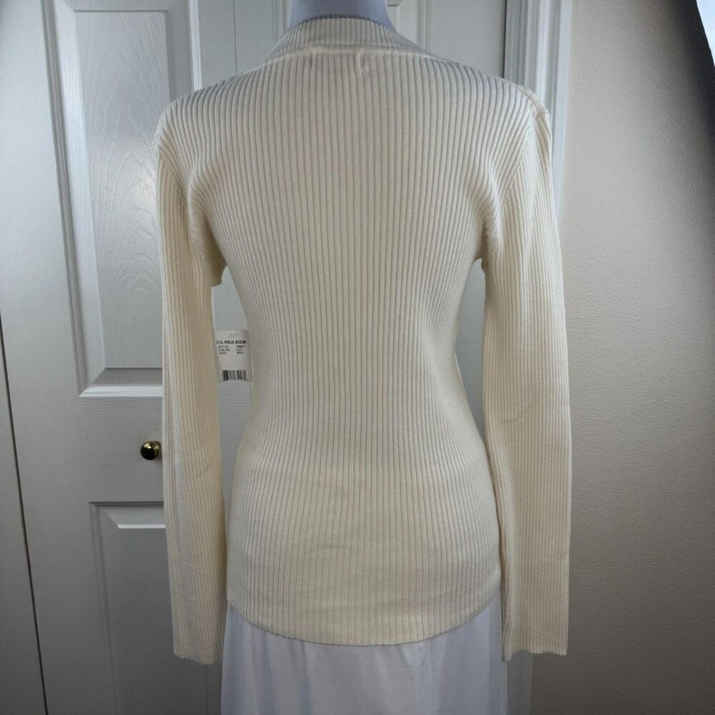 U.S. Polo Assn Women Medium Ribbed V Neck Sweater Cream Long Sleeve NWT
