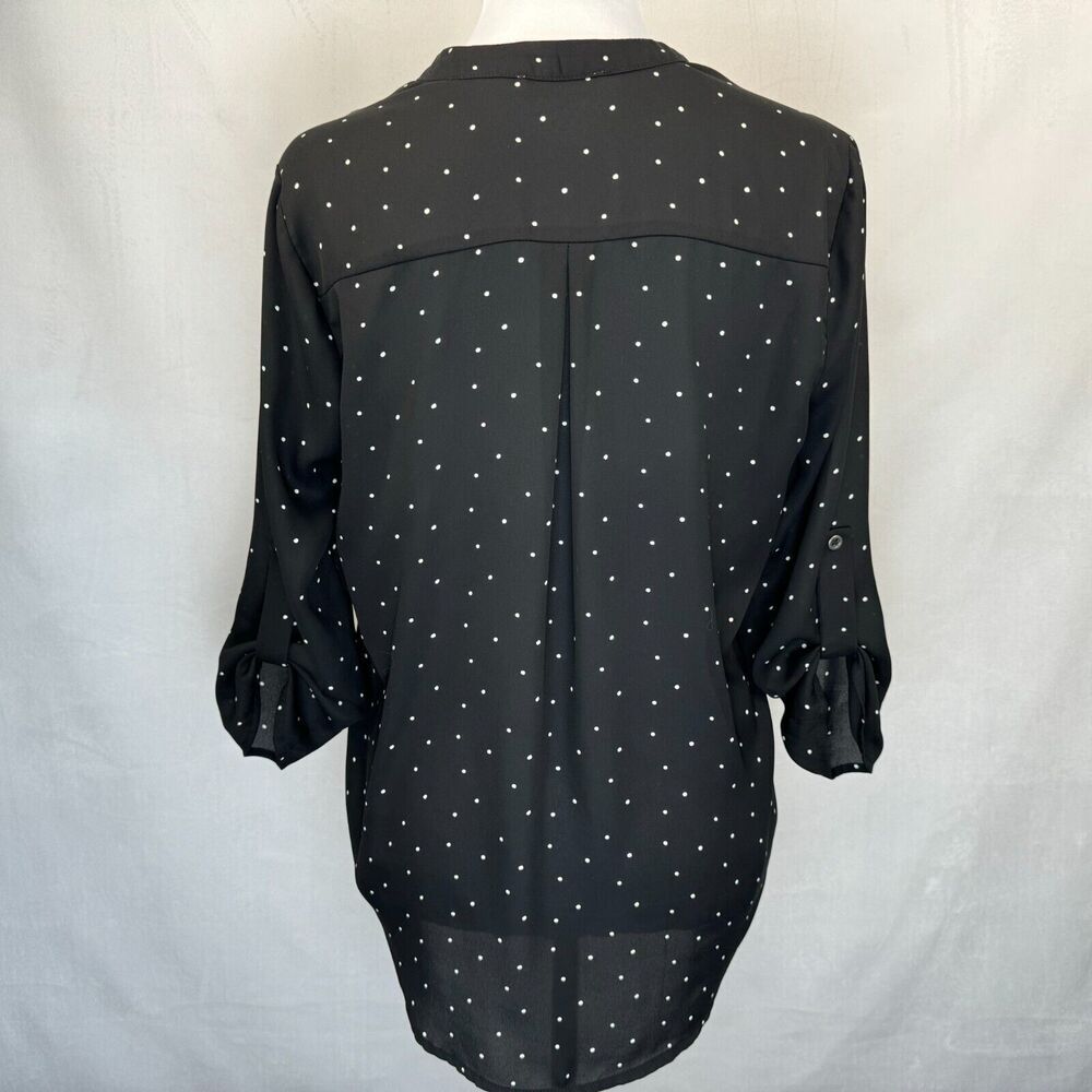 Lush Blouse Sz S Black Polka Dot White V Neck Roll Up Sleeve