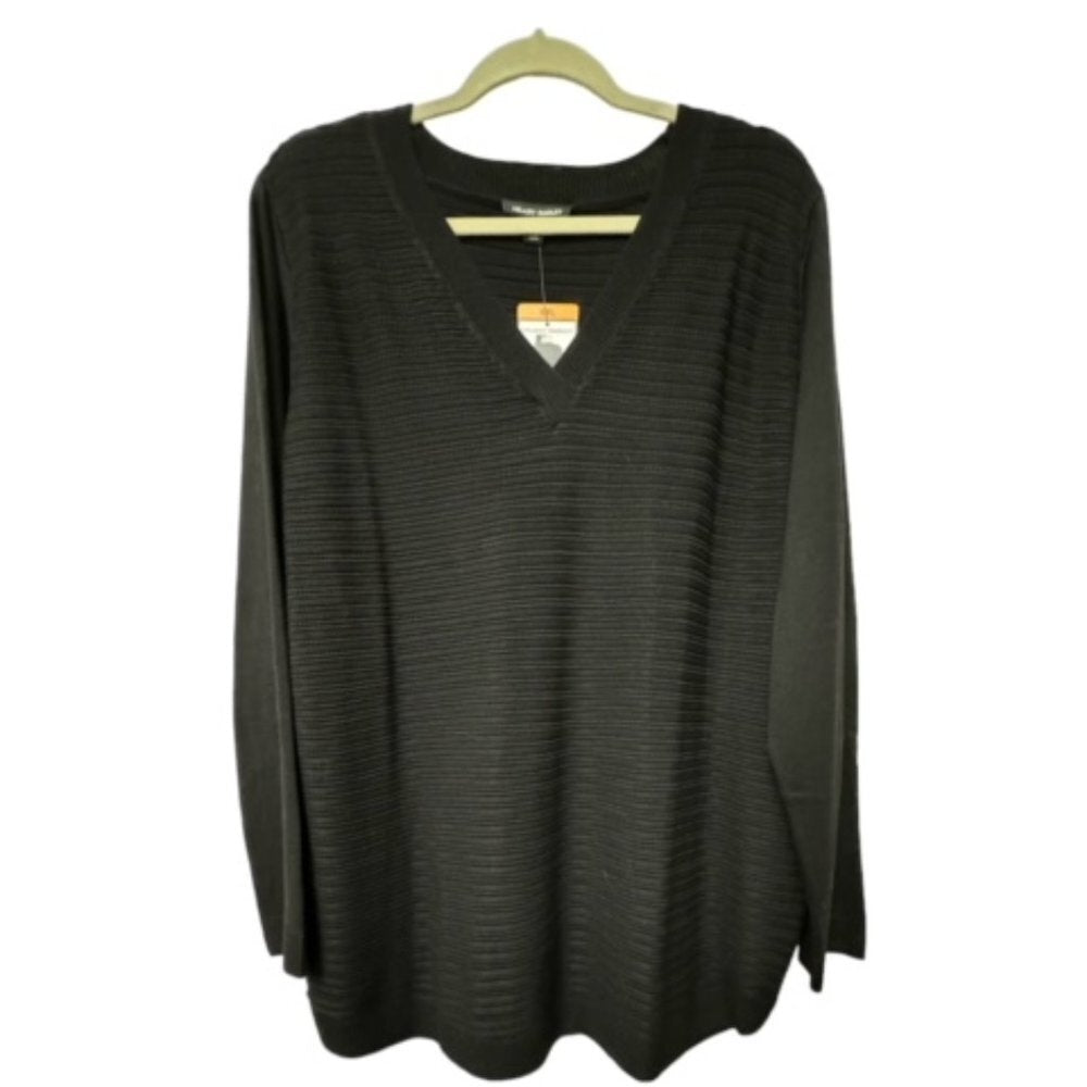A black ribbed knit long-sleeve V-neck sweater hanging on a light wood hanger against a plain white background.