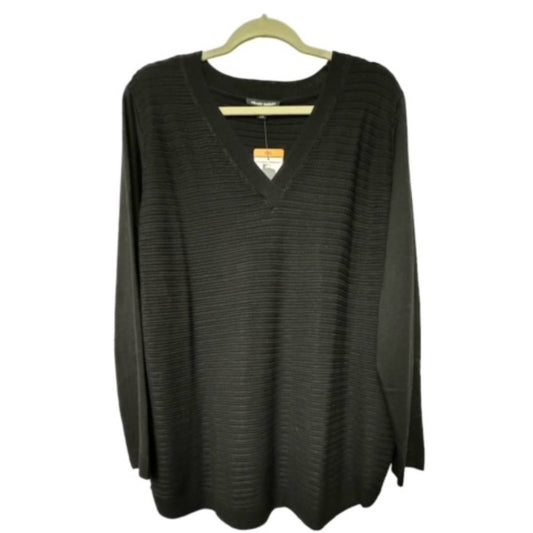 A black ribbed knit long-sleeve V-neck sweater hanging on a light wood hanger against a plain white background.