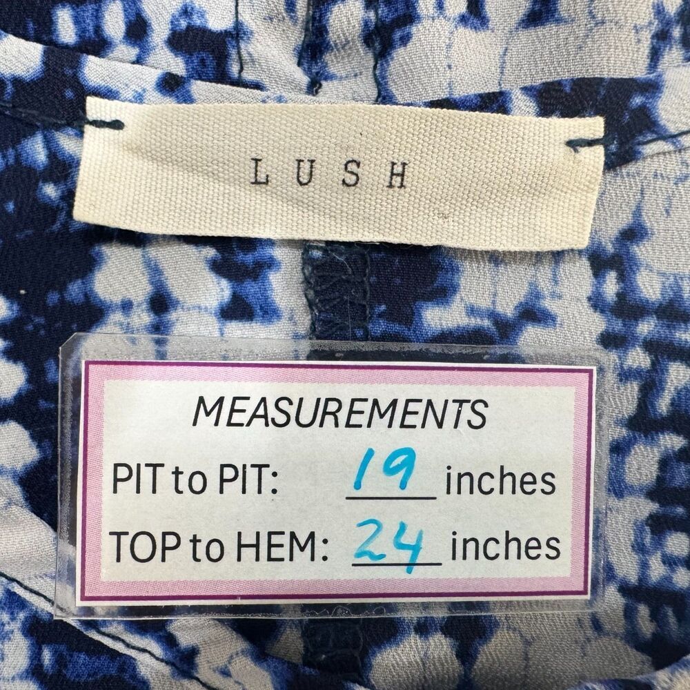 Lush Women Sz M Blue Geometrical Scoop Neck Semi-Sheer Loose Back center Slit