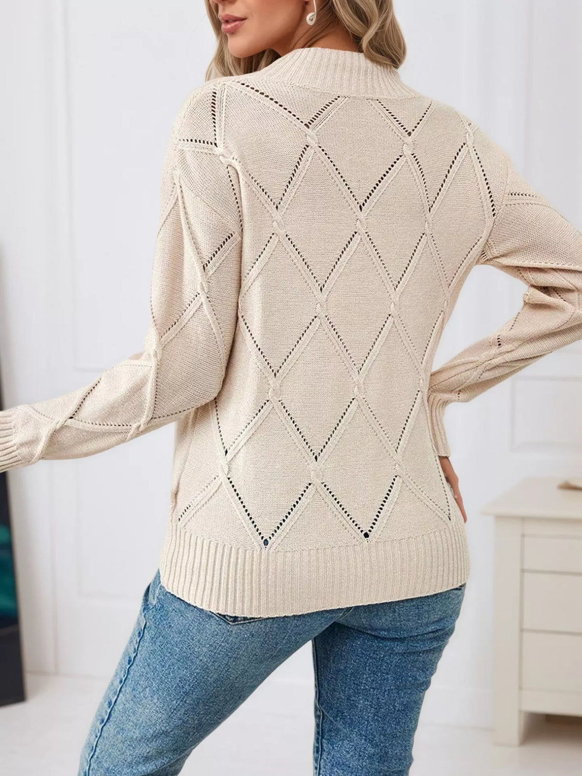Simply Love Women's Diamond Eyelet Long Sleeve Knit Sweater