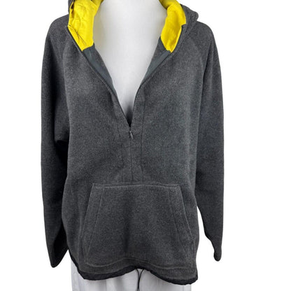 Women’s Gray Fleece Hoodie L Yellow Lined Hood 1/4 Zip Kangaroo Pocket