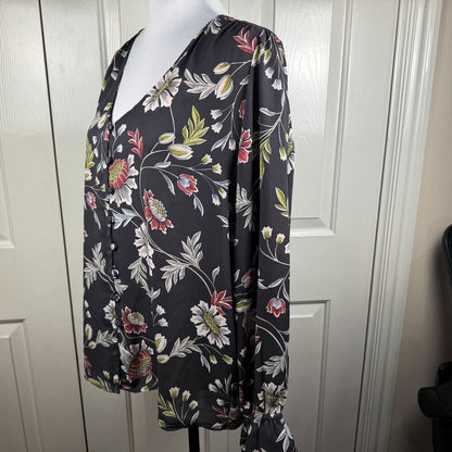 LOFT Women Blouse Sz M Charcoal Floral VNeck Long Sleeve Button Down Ruffle Cuff