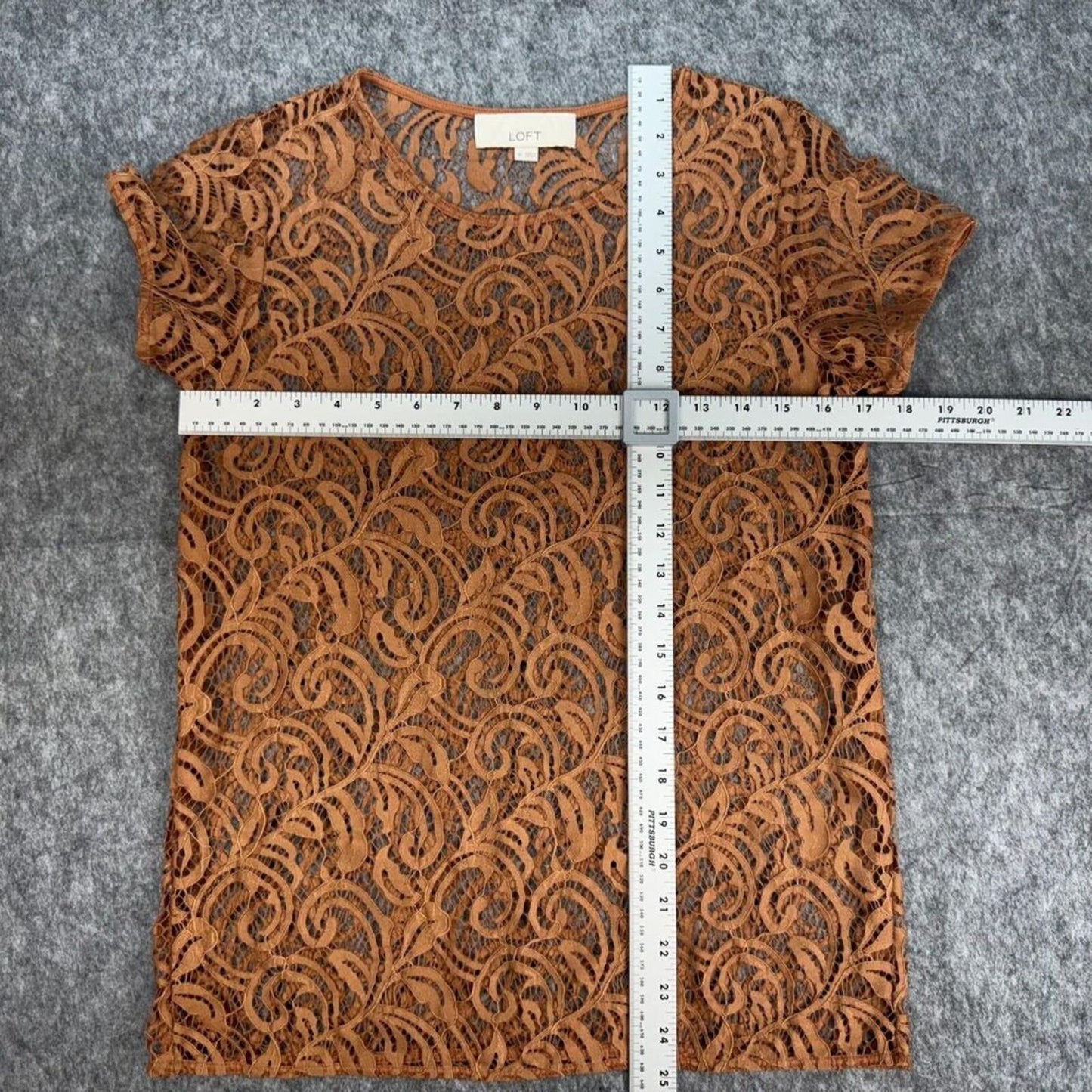 Loft Women Top Sz XS Copper Color Lace Short Sleeve Round Neck Unlined Pullover