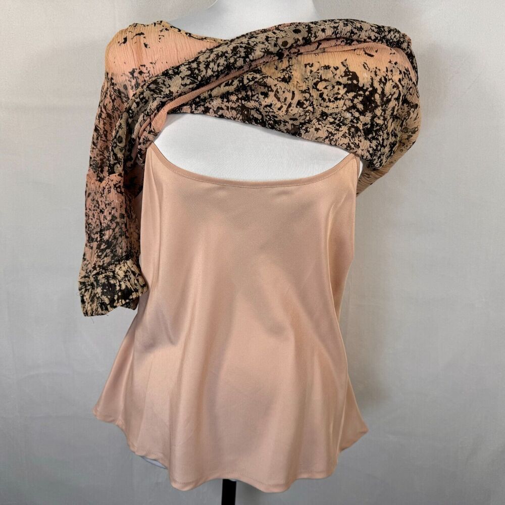 Sundance Silk Blouse Sz L with Cami Peach Pink Black Short Sleeve Boat Neck