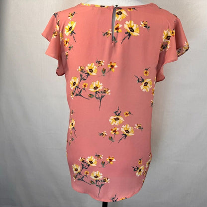 Lily White Ladies Sz M Dusty Pink Floral VNeck Cap Ruffle Sleeves