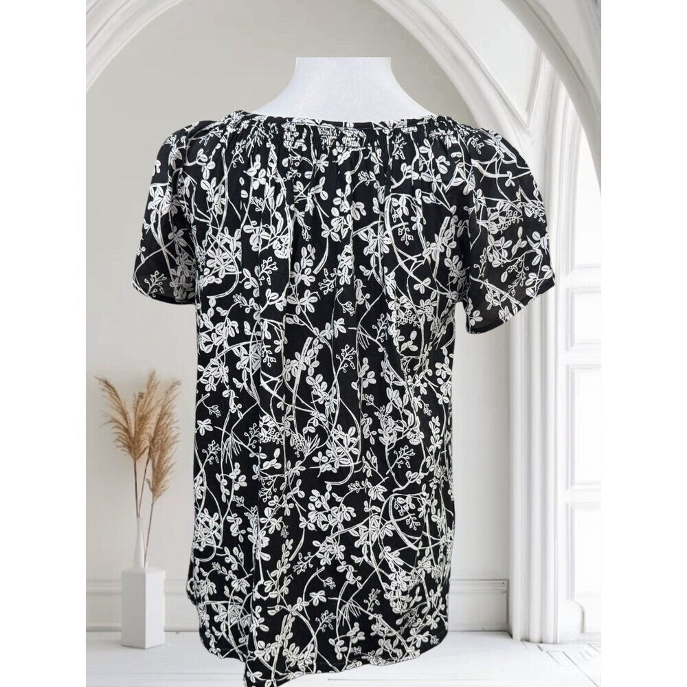 Loft Women Top Sz XS NWT Black Satin Floral Ruched Neckline Short Sleeve