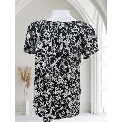 Loft Women Top Sz XS NWT Black Satin Floral Ruched Neckline Short Sleeve