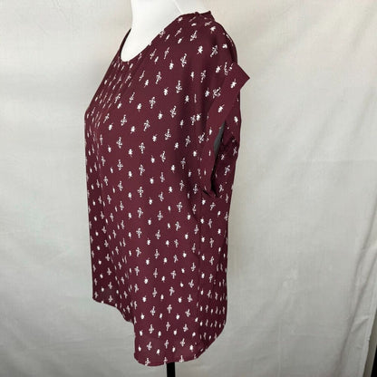 Forever 21 Ladies Top Sz S Burgundy White Print Cap Cuffed Sleeve Round Neck