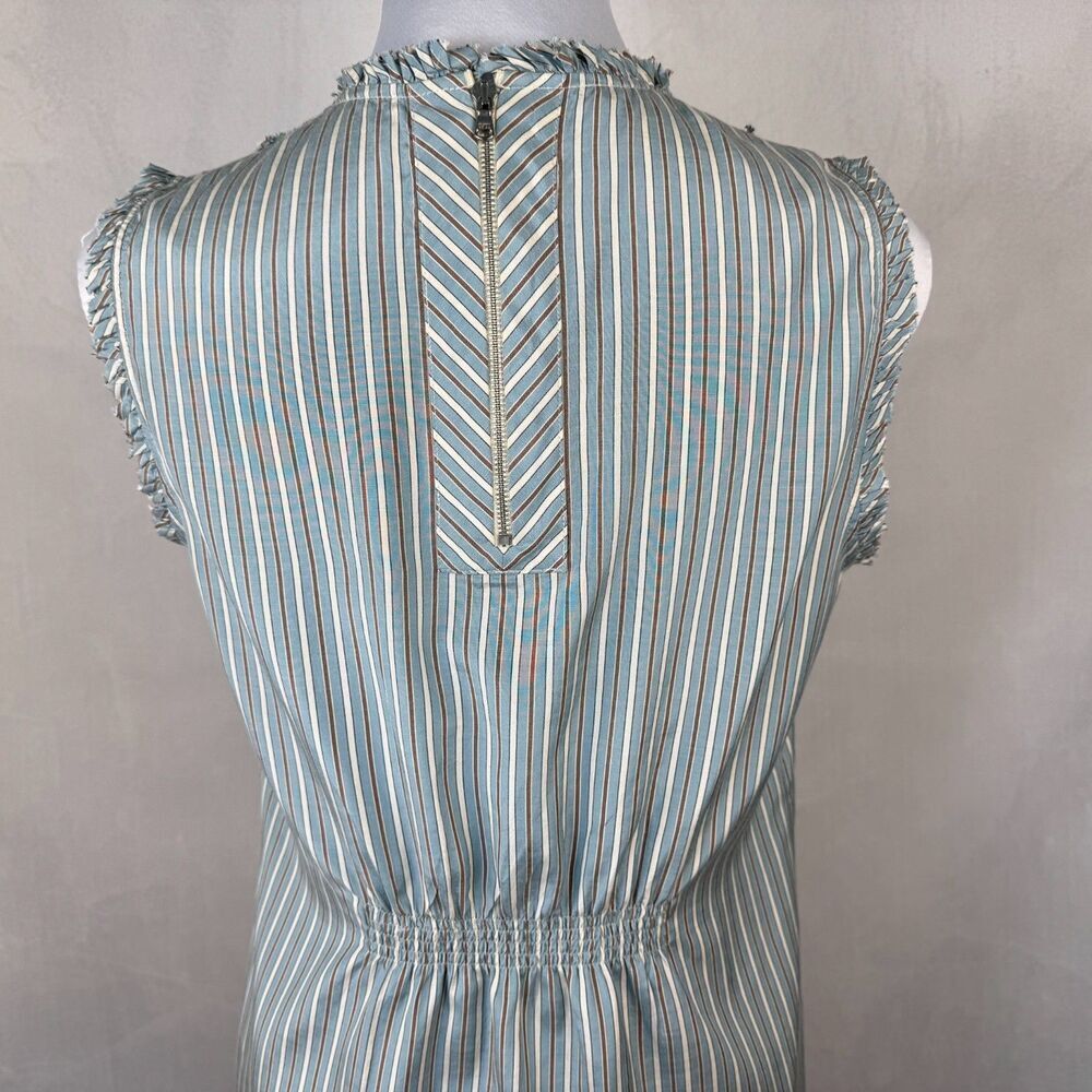 BCBGMaxAzria Top Sz S Crew Pleated Bib Style Neckline Striped Blue Brown Zipper