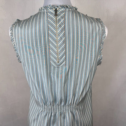 BCBGMaxAzria Top Sz S Crew Pleated Bib Style Neckline Striped Blue Brown Zipper