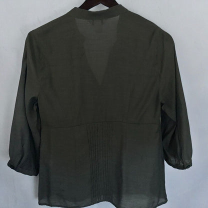 Christopher & Banks Blouse Sz PM Dark Sage button up 3/4 sleeve peplum pleated