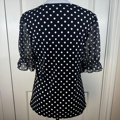 Adele & May Women Blouse Sz S Polka Dot Sweetheart Neck Sheer Balloon Sleeve