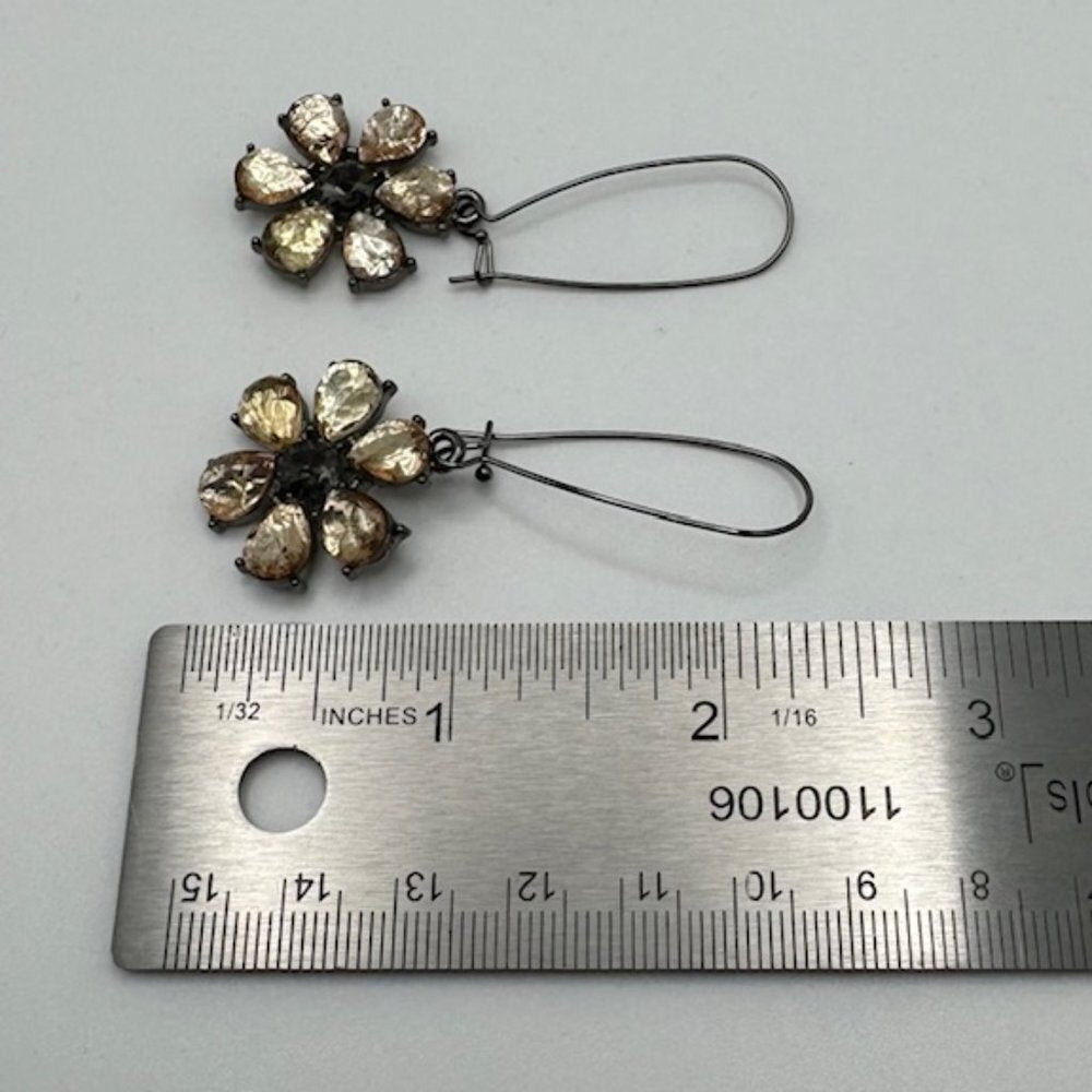 Vera Wang Daisy Flower Drop Earrings Amber Brown Rhinestone Silver Tone