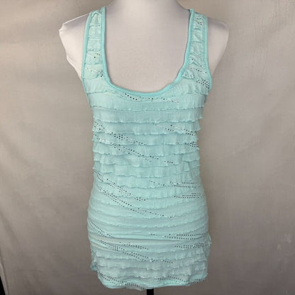 Free Kisses Tank Top Sz L Teal Ruffle Sparkling Racerback