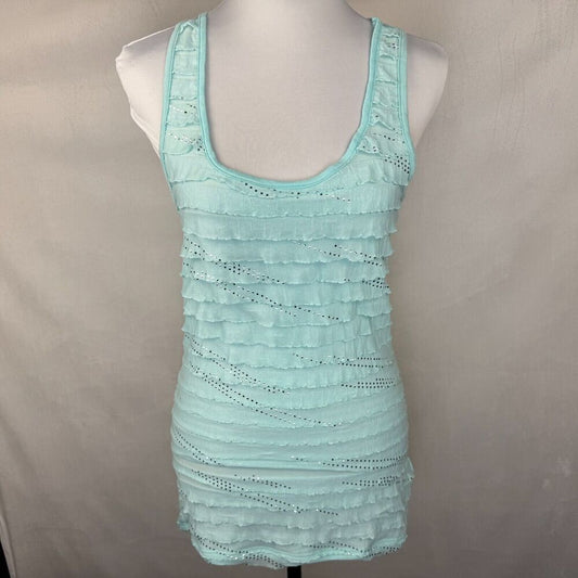 Free Kisses Tank Top Sz L Teal Ruffle Sparkling Racerback