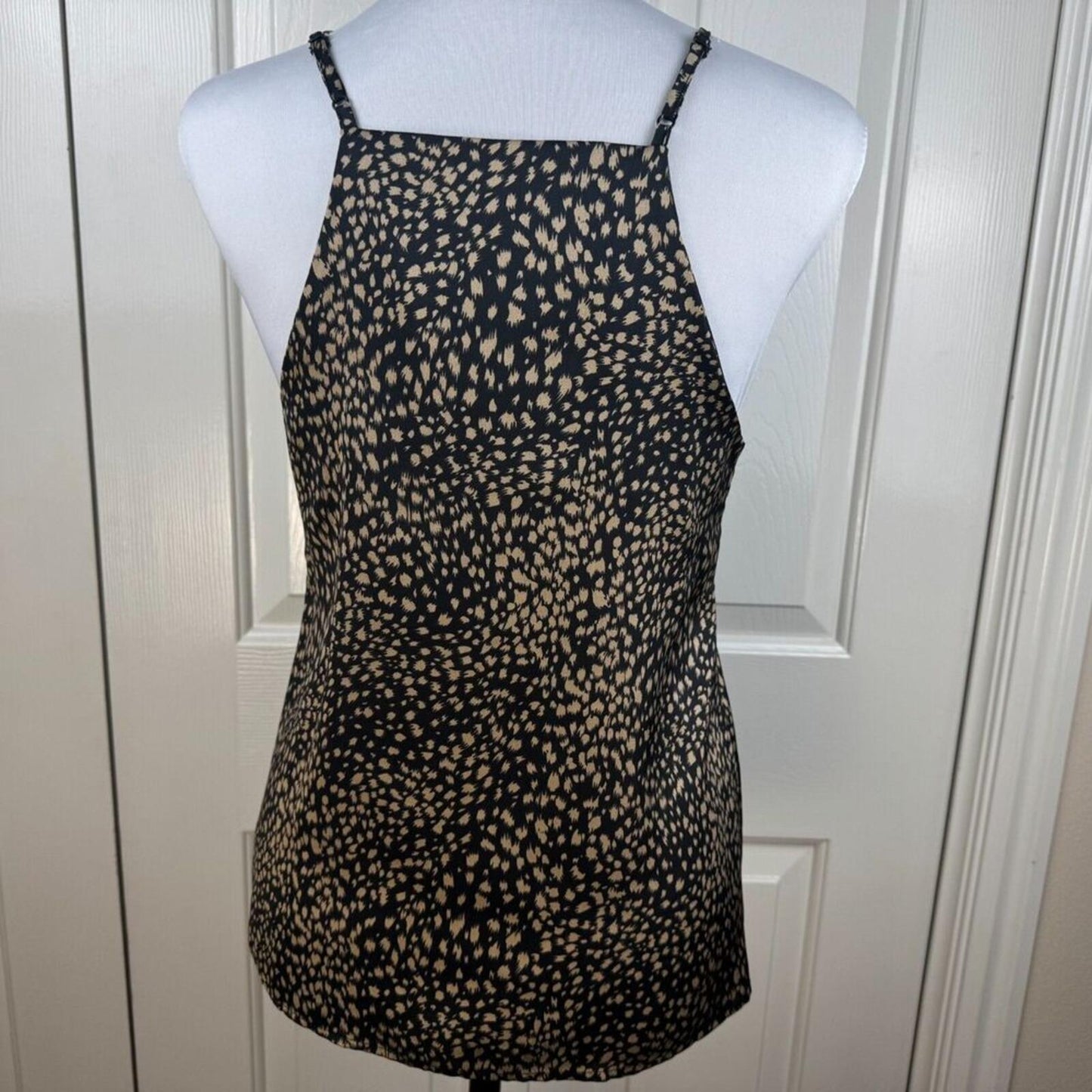 En Creme Tank Cami Top Sz S Deep V-Neck Criss Cross Strap Lace Animal Print