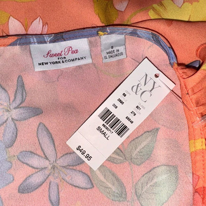Sweet Pea Top Sz S Orange Floral Print Ruffled V-neck tie Ruffled cap sleeves