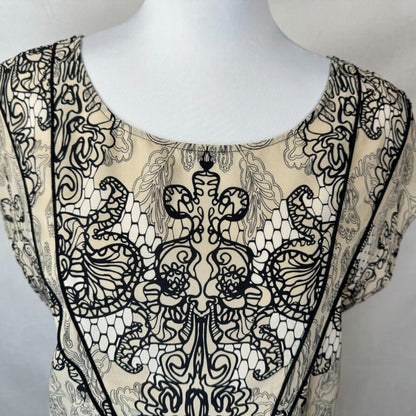 Willow and Clay Top Sz M Beige Black Print Round Neck Cap Sleeveless 100% Silk