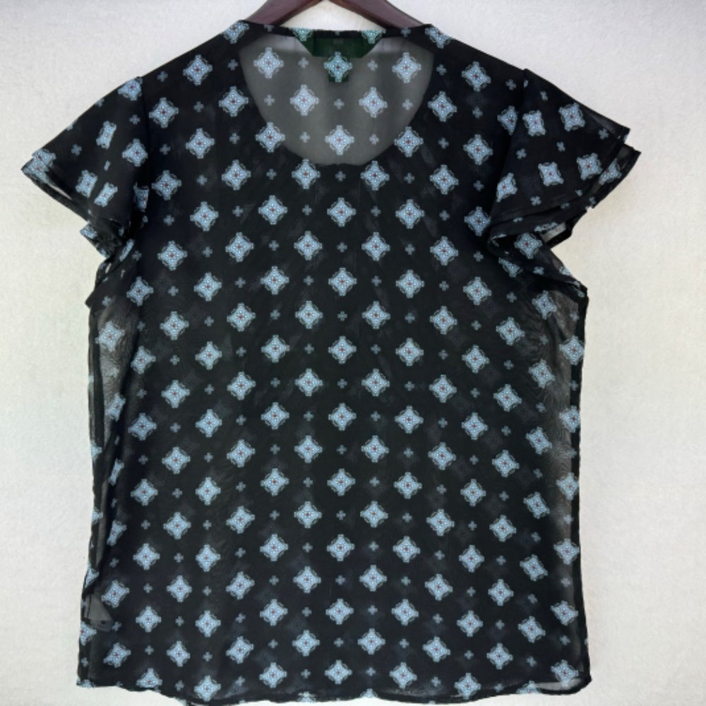 DIP Women Blouse Sz S Black and blue pleated buttoned front butterfly sleeves