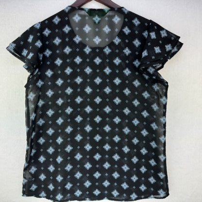 DIP Women Blouse Sz S Black and blue pleated buttoned front butterfly sleeves