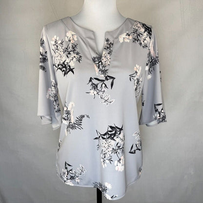 Ann Taylor Blouse Sz S Gray Floral Flutter Elbow Length Sleeve Split Neckline