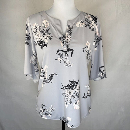 Ann Taylor Blouse Sz S Gray Floral Flutter Elbow Length Sleeve Split Neckline