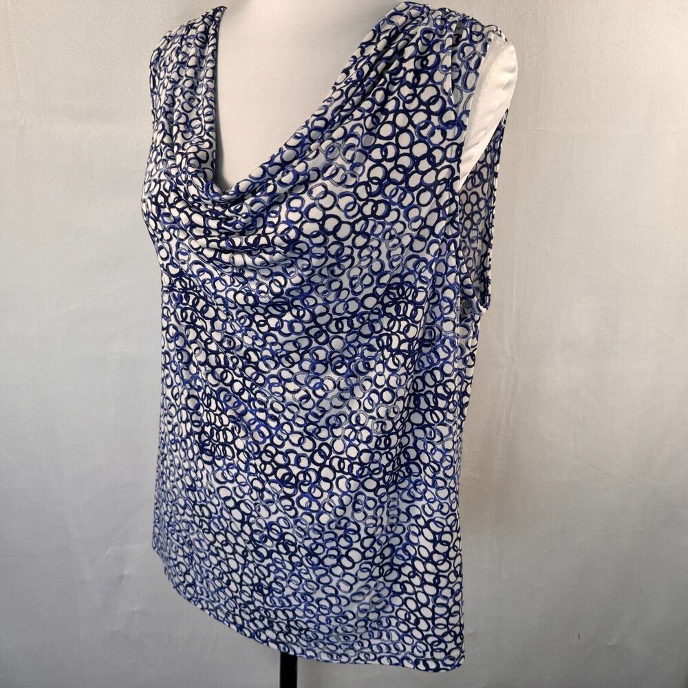 Charter Club Ladies Top Sz PL White blue circles Cowl Drape Neck sleeveless