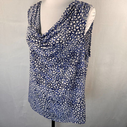 Charter Club Ladies Top Sz PL White blue circles Cowl Drape Neck sleeveless