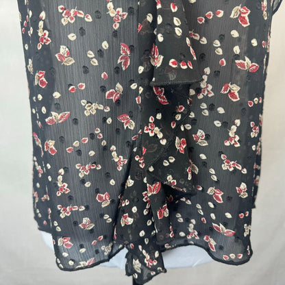 Bishop and Young Sz S Black Sheer Floral Top V-Neck Crochet and Ruffle Trim