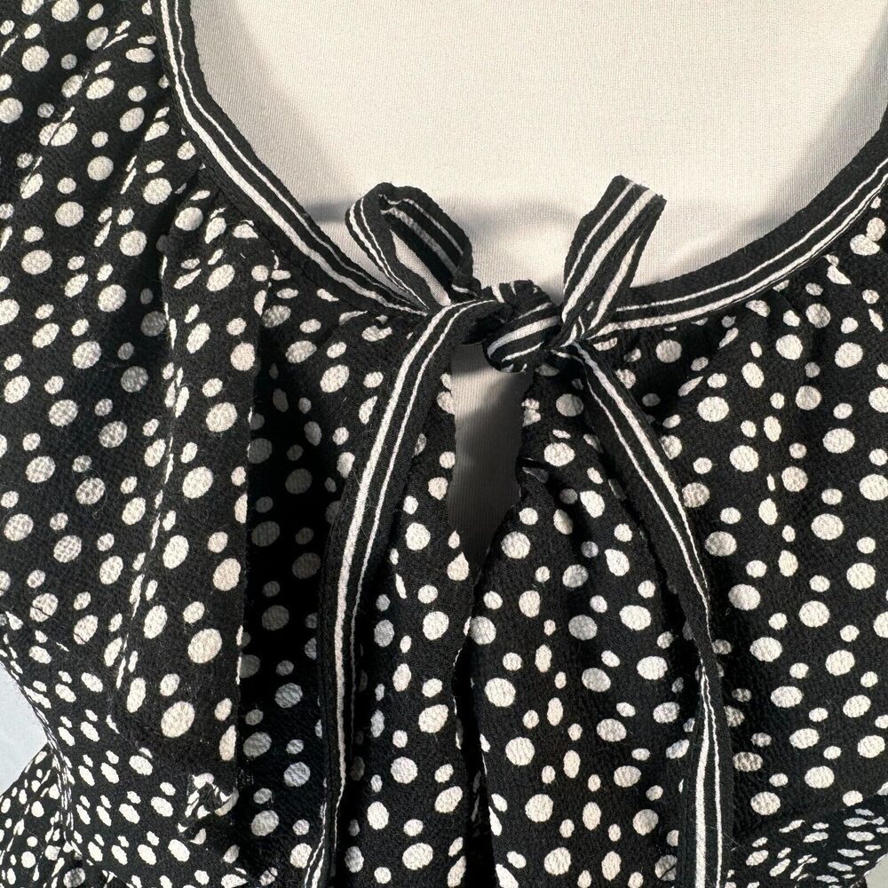 Max Studio Ladies Blouse Sz M Ruffle Polka Dot Bow Tie Flutter Round Neck