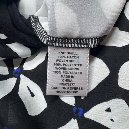 ELLE Top Sz S Black White Floral Pleated Round Neck Sleeveless Back Keyhole