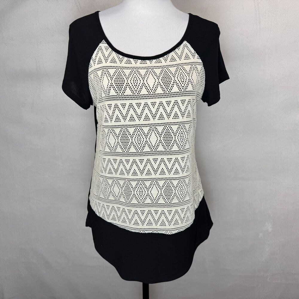 PerSeption Concept Women Sz S Black Cream Round Neck Cap Sleeve