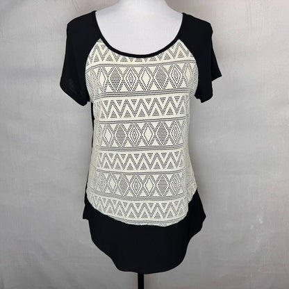 PerSeption Concept Women Sz S Black Cream Round Neck Cap Sleeve